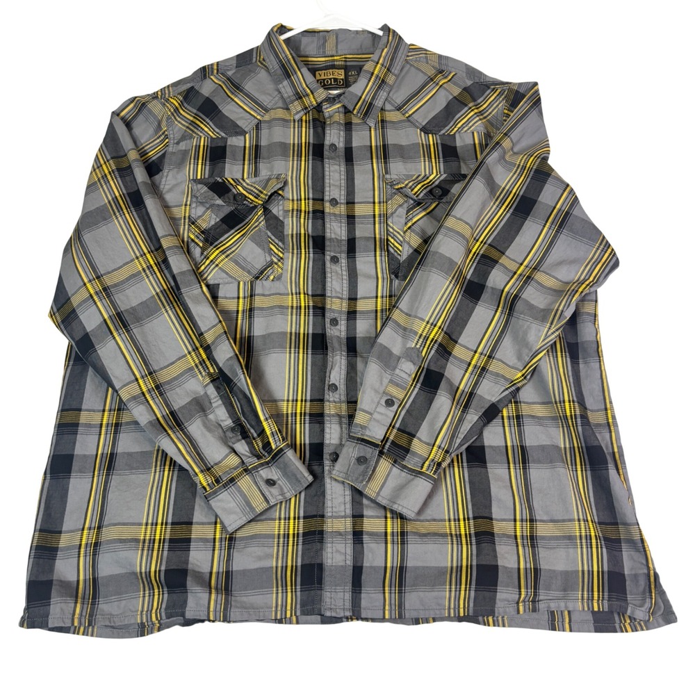 Vibes Gold Mens 4XL Grey Yellow Plaid Western Button Down Shirt Long Sleeve